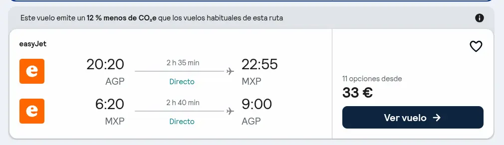 Captura de la búsqueda con el precio y los horarios: Milán desde Málaga: vuelos directos por 33 € ida y vuelta en noviembre